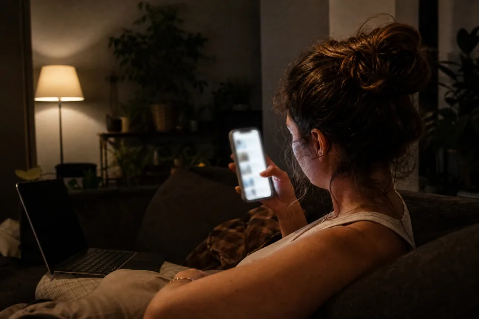 A creator on a sofa at night reviewing vertical clips on a phone held upright, a laptop open beside her