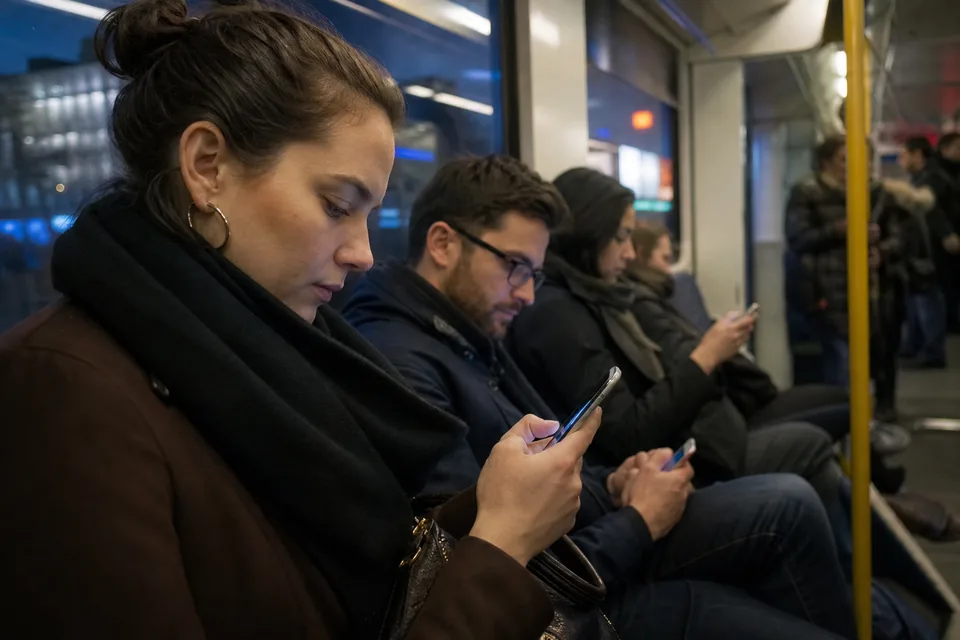 Commuters on an evening train scrolling vertical videos