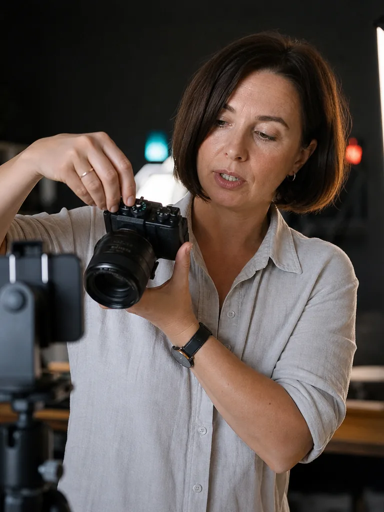 A creator holding a mirrorless camera close to the lens while adjusting a dial in a dim studio