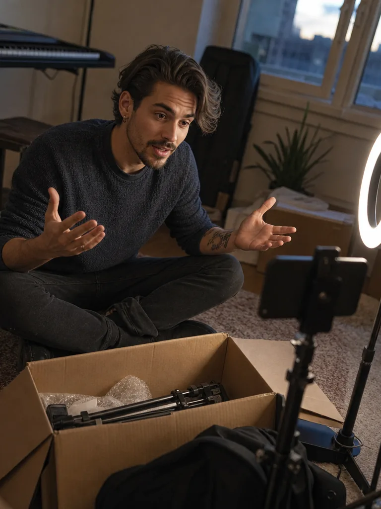 A young creator sitting on the floor of a half-set-up home studio among boxes and a ring light, talking to a phone on a stand