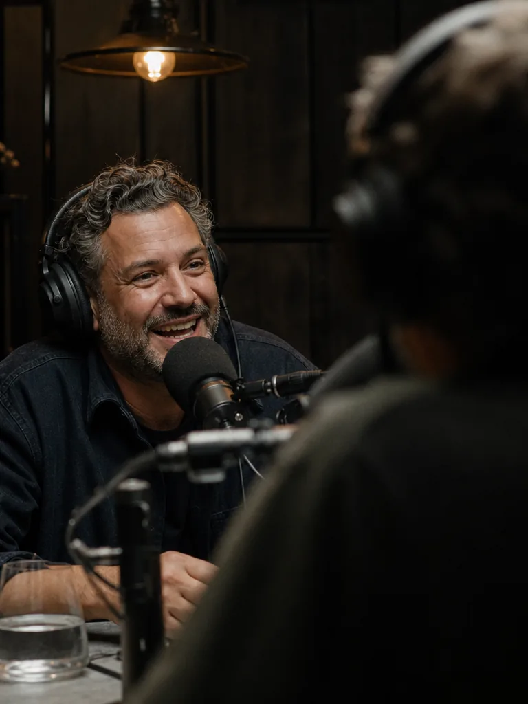 A podcast guest laughing at a microphone in a dim studio with a second host blurred in the foreground