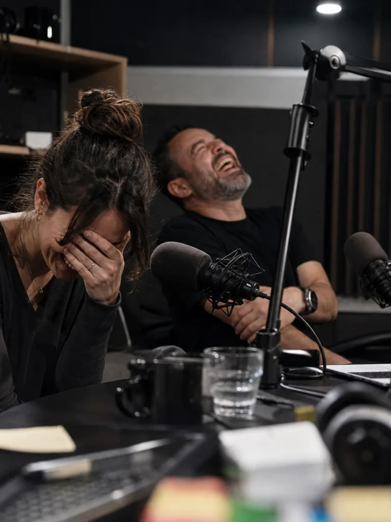 Two people at a studio desk laughing, one covering her face, under a single overhead light