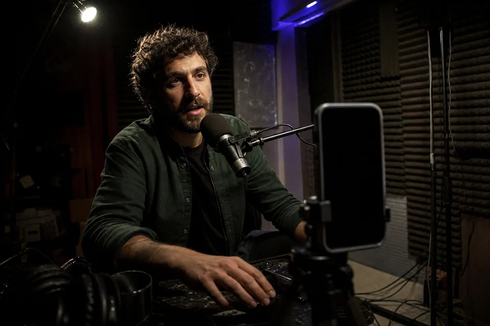 A creator speaking into a microphone on a dark recording set lit by a single spotlight, a phone on a tripod in front of them