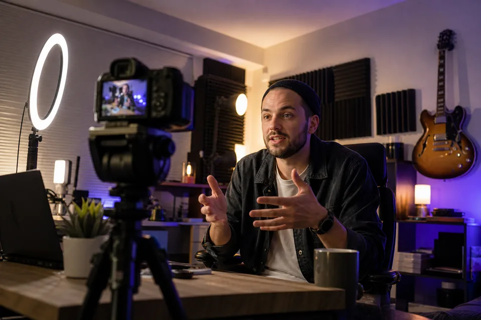 A YouTuber mid-sentence in a bedroom studio, seen from behind the camera on its tripod