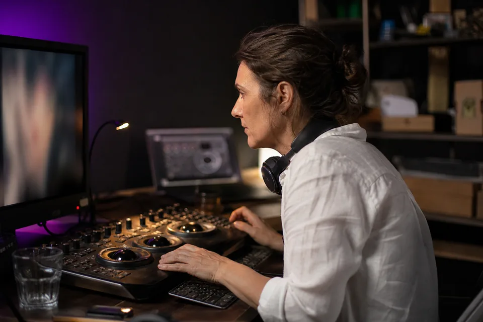 A colorist leaning over a grading control panel in a dim post-production room