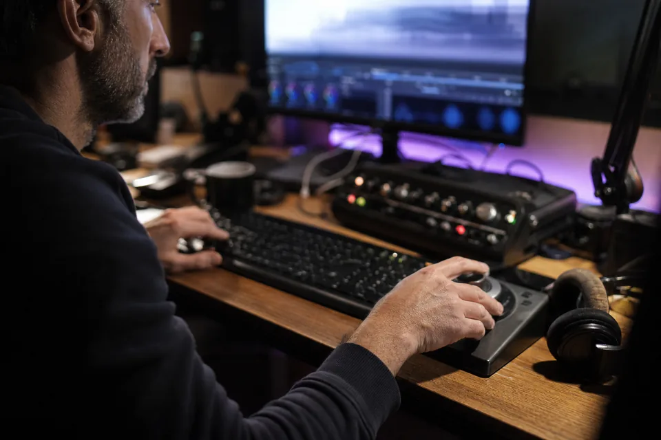 Hands of an editor on a keyboard and jog controller in a dim edit suite
