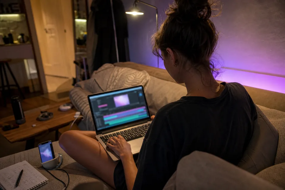 A creator on a sofa at night trimming a clip on a laptop with a phone propped upright beside her
