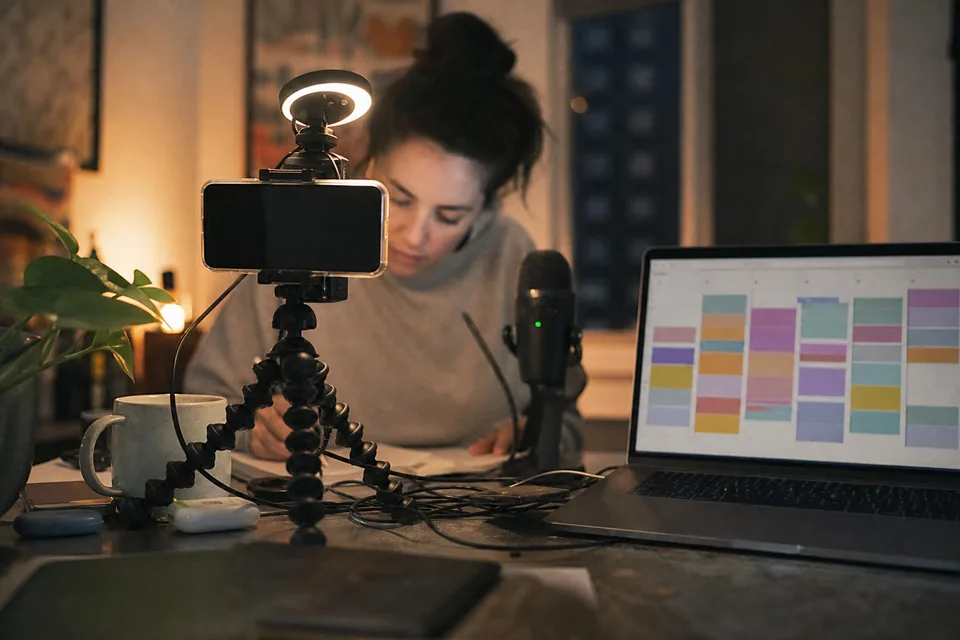A phone on a small tripod recording a creator at a desk, with a laptop beside it showing a weekly publishing grid of coloured blocks